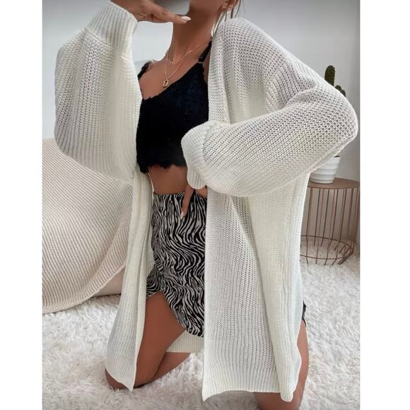 SHEIN White Oversized Open Front Longline Cardigan Sweater Womens Size Small EUC - Picture 1 of 8